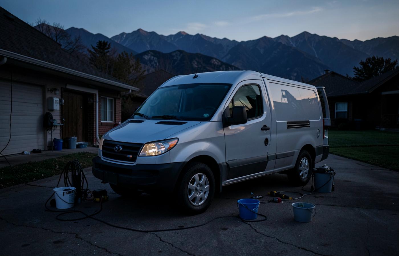 Mobile detailing van and equipment set up in a Utah Valley driveway with the Wasatch range behind